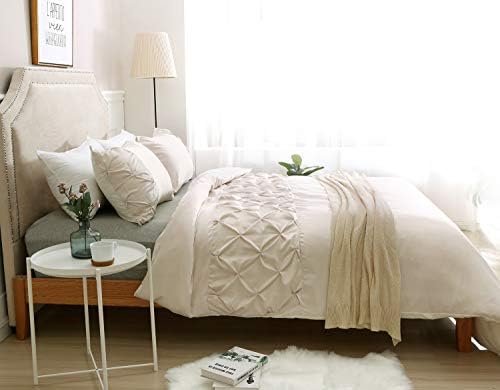 COASTLINE Stylish Cream Pinch Pleat Duvet Cover Double Size with Pillowcase set/3pcs, Pintuck Bedding Set Quilt Cover with Ruched Embroidery Panel, 200x200cm