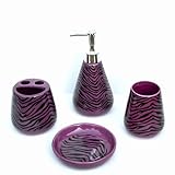 4 Piece Bathroom Ceramic Accessory Set: Lotion/Liquid Soap Dispenser, Tumbler, Toothbrush Holder, Soap Dish: PURPLE ZEBRA