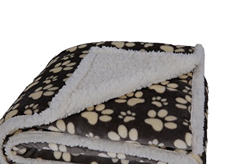Longrich Flannel Paw Print & Ultra Soft Sherpa Throw Blanket, 50" W X 60" W, Grey with Brown Paw Print