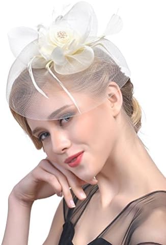Laurelor Womens Feather Sinamay Fascinator Hat Party Pillbox Flower Derby Headwear Beige