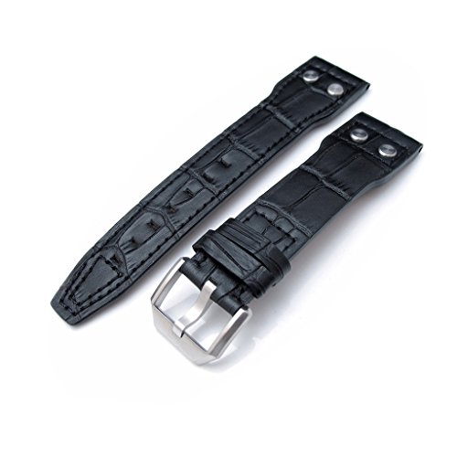 22mm Black Leather Watch Strap for IWC Big Pilot 5004, Rivet Lug, Semi Square Tail