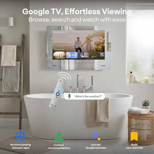 SYLVOX 32 Inch TV Mirror, Smart Google Television 1080P FHD Mirror Wall Mount Design Television IP66 Waterproof, DVB-C/T2/S2 | WiFi, Google Assistant, for Shower, Bathroom