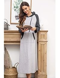 Ekouaer - Camisón de manga larga con capucha para mujer con bolsillo