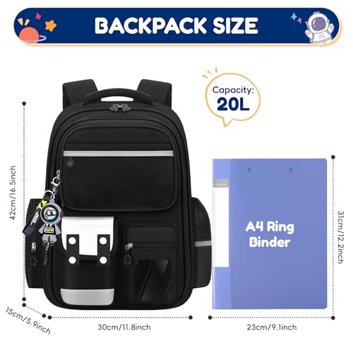 Amythe CE2 CM1 CM2 Boys' Primary School Bag, Multi-Compartment Primary School Bag with Reflective Strips for Boys 8-12 Years, Black, Classic | Children's Backpack CE2 CM1 CM2, Multi-Compartment Lightweight School Bag for Boys 8-12 Years, Back to School