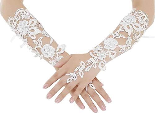 WDING Long Fingerless Rhinestone Beaded Lace Bridal Gloves for Formal Wedding Prom Party