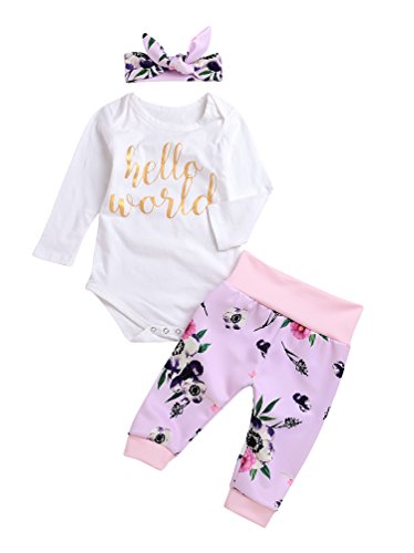 IWOKA 3Pcs Newborn Baby Girls Letters Long Sleeve Romper+Floral Pant+ Hat+ Headband Warm Clothes (80(3-6M), Floral)