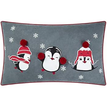 JWH Christmas Accent Pillow Case Penguin Applique Embroidery Cushion Cover Decorative Pillowcase Handmade Sham Home Bedroom Living Room Sofa Couch Chair Decor Gift 12 x 20 Inch Penguin