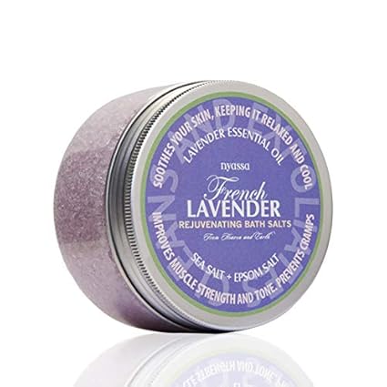 Nyassa French Lavender Bath Salt 220g with the goodness of lavender essential oil, sea salt and epsom salt for effective relaxation. Good for skin detox. No SLS, SLES and Paraben. Cruelty Free