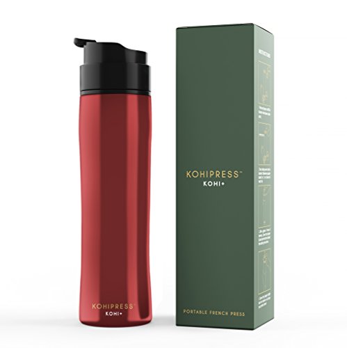 KOHIPRESS The Original Portable French Press Coffee Maker | Vacuum Insulated Travel Mug | Premium Stainless Steel | Hot and Cold Brew (12 oz) | Great for Commuter, Camping, Outdoors and Office (Red)