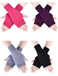 Tatuo 4 Pairs Cashmere Feel Fingerless Gloves with Thumb Hole Warm Gloves for Women and Men (Color Set 4)
