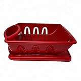 Heavy Duty Sturdy Hard Plastic Sink Set With Dish Rack With Drainer & Drainboard,Easy to Clean With Snap Lock Tab Cup Holders for Home Kitchen Sink Organizers-S,M,L-Made in USA(Red Medium Dish Rack)