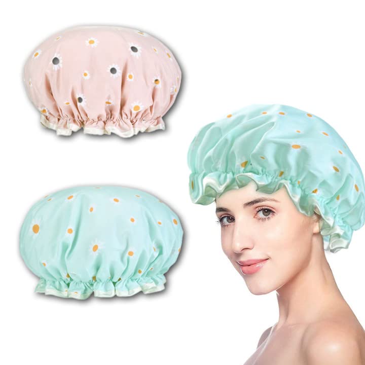 Large Shower Cap for Women Bath Cap Hat 2 Pack Double Layered and Girls Waterproof Adjustable Shower Cap Elastic Band Reusable With Ruffled Edge Covering Ears
