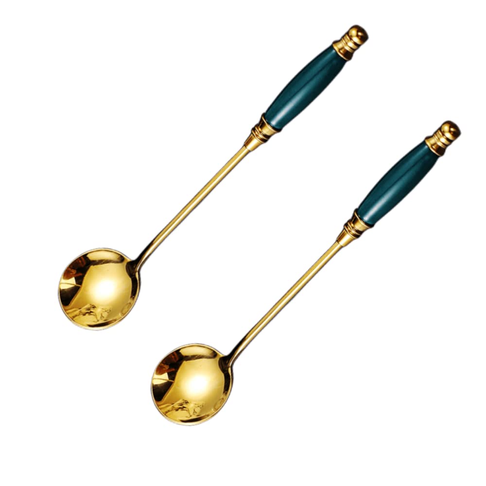2 PCS Gold Long Handle Spoons - Round Gold Handle Coffee, Tea & Dessert Spoons - Stainless Steel