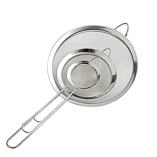 Cymax Set of 3 Thicker Finer Mesh Strainer,Stainless Steel Colander Sieve Sifters with Long Handle for Kitchen Food, Small Medium Large Size for Tea Coffee Powder Fry Juice Rice Vegetable Fruit