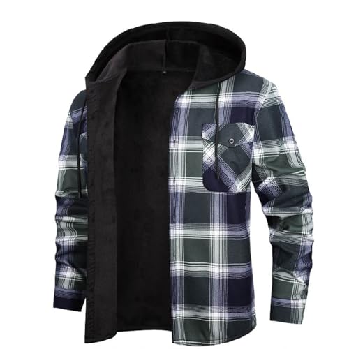 Nuaoxyeu men winter jackets Fleece Jacket Mens Button Down Winter Hooded Checked Lumberjack with Pockets Thick Outdoor Fleece Lined Hoodies Soft Warm Long Sleeve jacket for men