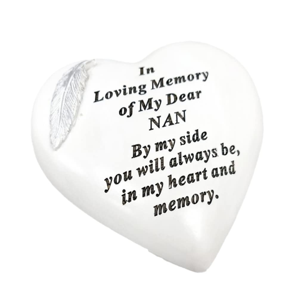 OnlineStreet Memorial Stone Heart Plaques Grave Ornaments - Personalised Grave Decoration White & Silver Plaques with Feather- Outdoor Memorial Plaques 15 x 15cm (Nan)