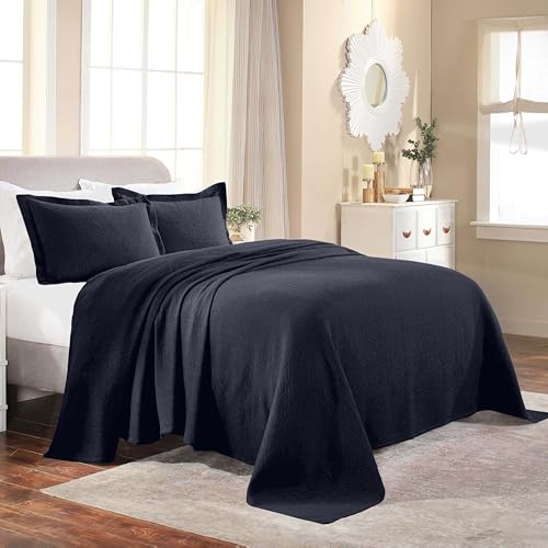 Superior Cotton Bedspread, Jacquard Woven Matelasse Bedding King Navy Blue