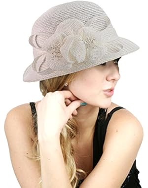 Side Flip Cloche Bucket Hat w/ Woven Flower & Ribbon Accent