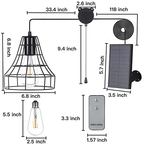 Solar Pendant Lights, Tomskiko Solar Powered Shed Light with Pull Cord and Remote for Outdoor Indoor, Shed Solar Light Outdoor Lights Solar Powered with Adjustable Solar Panel Light Shop Barn Light
