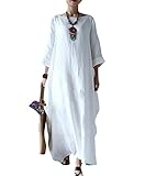 Yesno JD1 Women Long Dress Arab Kaftan 100% Linen Casual Loose Fit Baggy Skirt /Pocket,White,X-Large