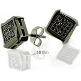 Black On Black Geometric Pave CZ Cubic Zirconia Square Stud Earrings For Men For Women Black Plated 925 Sterling Silver