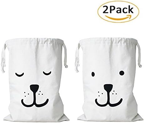 Canvas Storage Bag,Liangxiang 26" Jumbo Collapsible Drawstring Storage Pouch Home Organizers for Toys, Clothing, Books, Gift (Dog Sleepy Face&amp; Smiling Dog)