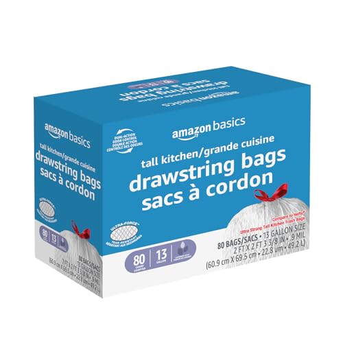 AMAZON BASICS ULTRA-FORCE TALL KITCHEN DRAWSTRING TRASH BAGS, LAVENDER SCENTED, 13 GALLON, 80 COUNT, PACK OF 1