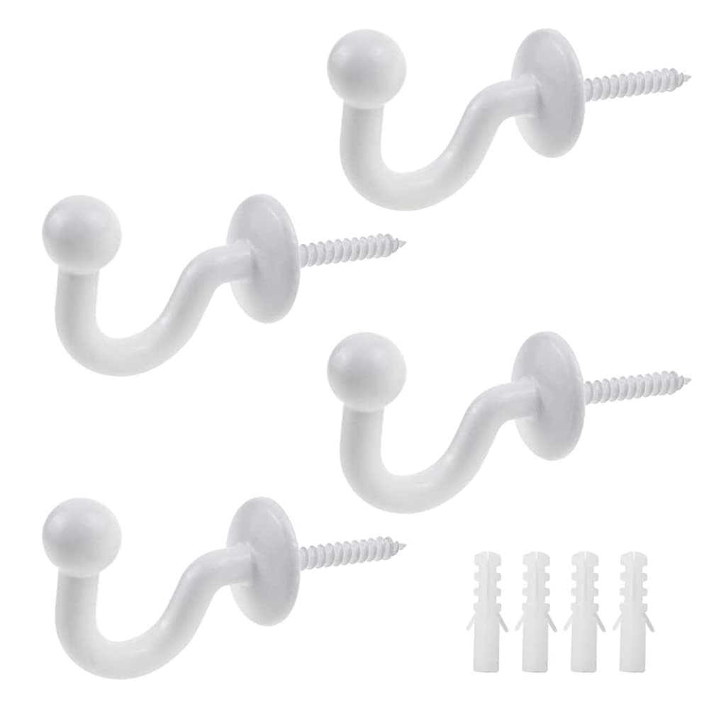 XINHAITC 4 Pack Curtain Tie Back Holdback Hooks Black Finish Ball End Curtain Tieback Hooks Securely Hold Your Curtain Tiebacks in Place (White)