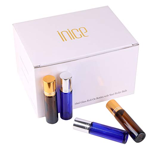 24 Pack (12 Amber+12 Cobalt Blue) Roller Bottles,10ml Thick Glass Roll on Bottle with Big Steel Ball for Essential Oil Perfume + Droppers(3) +Opener(1)+Funnel(1) +Extra Roller Ball(1) +Labels(24)