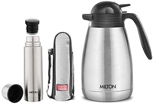 MILTON Thermosteel Plain Lid Flask, 500 ml, Plain Steel and Thermosteel Carafe 1500 ml, Steel Plain