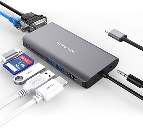 USB C Hub, Type C Adapter with 4K HDMI, 1000M Ethernet, SD Card Reader, 2 USB 3.0 Ports, 1080P VGA, USB C PD Charging, 3.5mm Audio Output, Multiport Hub for MacBook Pro ChromeBook More Type C Laptops