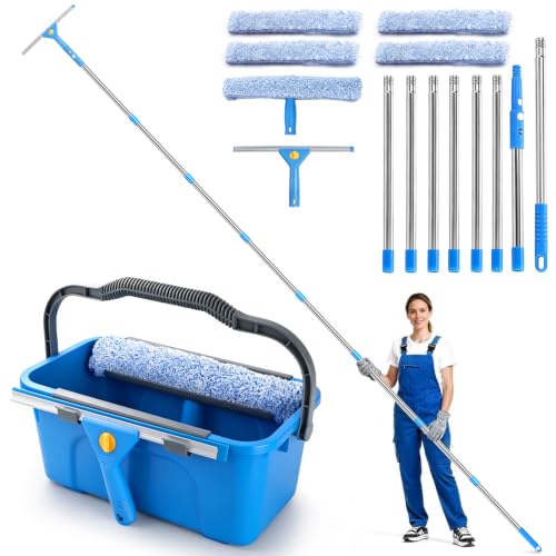 Window Cleaning Kit, 3.25 m Telescopic Window Washer Including 12L Bucket, Professional Window Cleaning with Silicone Squeegee, Microfibre Brush and Holder for Home and Commercial Use