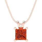 Clara Pucci 0.5 cttw Red Simulated Diamond Rose Gold-Plated Silver Necklace and Pendant for Women (18" Box Chain,Princess Cut,4.5mm)