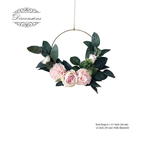 Adeeing Hoop Wreath, 15 Inch Artificial Rose Flower and Vine Wreath Garland Hanging Pendant for Wall Decor Wedding Backdrop (Pink)