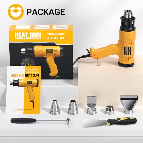 SEEKONE 2000W Professional Hot Air Gun 50℃- 600℃ Variable Temperature Control with 2-Temp Settings, Overload Protection, Double Heating Wire Fast Heating, 7 Accessories for Shrinking PVC