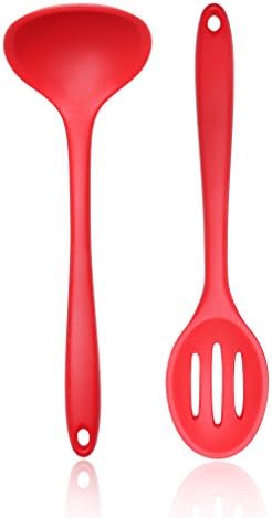 2 Piece Silicone Ladle Set - Heat Resistant Non Stick Slotted Spoon/Soup Ladle Bonus 101 Cooking Tips Red