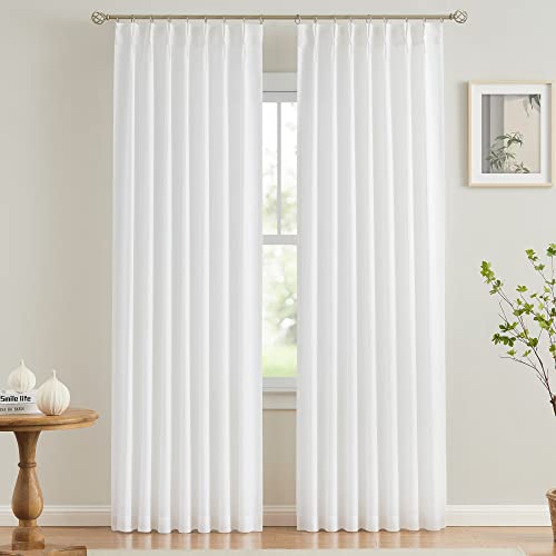 Vision Home White Pinch Pleated Semi Sheer Curtains Textured Light Filtering Window Curtains 95 inch for Living Room Bedroom Rayon Blended Pinch Pleat Drapes with Hooks 2 Panels 40 Wx95 L