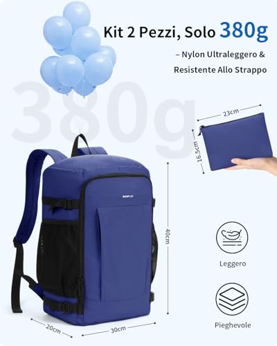 ECOHUB Zaino Ryanair 40x30x20 cm Leggero e 2 in 1, Zaino da Viaggio Pieghevole Sotto il Sedile, Bagaglio a Mano con Tasca Antifurto, Borsa da Cabina in Tessuto Riciclato per Uomo e Donna, Blu