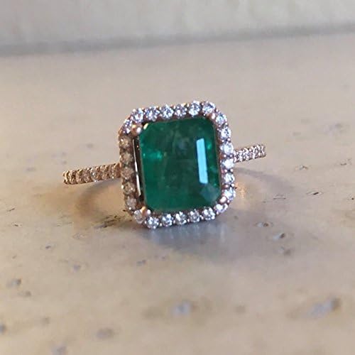 Emerald Cushion Cut Engagement Ring- Rose Gold Emerald Engagement Ring-Halo Emerald with Diamond Promise Ring-Solitaire Genuine Emerald Ring
