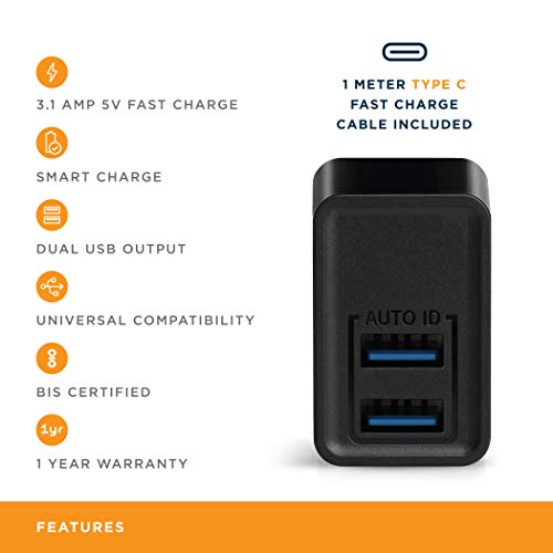 URBN 3.1Amp Dual Port Smart Charge Wall Adapter with 3 feet Fast Charging Type-C Cable Included - (Black)