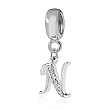 Alphabet Charm Letter Beads Solid 925 Sterling Silver with Cubic Stones, Complete A~Z Gift Options fit Pandora European Bracelets (N)