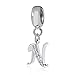 Alphabet Charm Letter Beads Solid 925 Sterling Silver with Cubic Stones, Complete A~Z Gift Options fit Pandora European Bracelets (N)