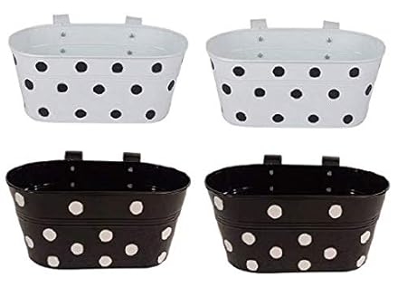 Truphe Oval Dotted Balcony Railing Planter with Detachable Handle | Color - White,Black Pack of 4