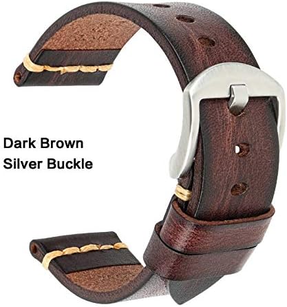 Handmade Watch Band Cow Leather Watch Strap Vintage Watchband with Stainless Steel Buckle RSB (Band Color : Brown Silver-21mm)