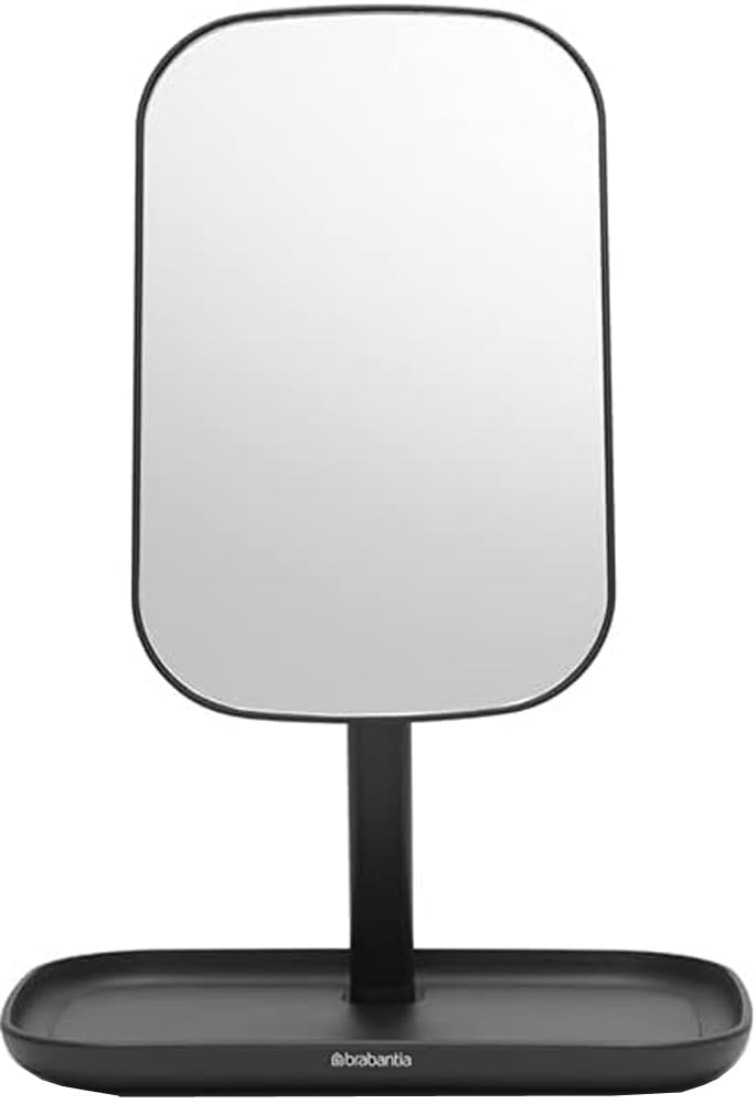 Brabantia ReNew 360° Adjustable Vanity Bathroom Mirror with Stand & Storage Tray (Dark Grey) Non-Slip Tray for Makeup, Jewellery, Shaving Accessories