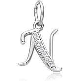 Adabele 1pc Real 925 Sterling Silver Letter N Charm Cubic Zirconia CZ Imitation Diamond Gemstone Dangle Name Initial Pendant Drop For Pandora Charm Bracelet DIY Craft Jewelry Making SSP-C14