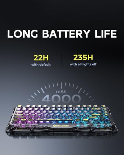 GravaStar Mercury K1 Lite 75% Gaming Keyboard, 2.4GHz/BT/Wired Tri-Mode Wireless Keyboard, Gasket Hot Swappable Mechanical Keyboard, Pre-lubed Linear Switches, RGB Backlit【Transparent Black】