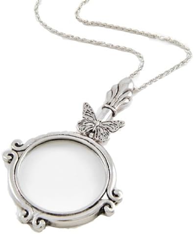Magnifying Glass Necklace C48 Small Butterfly Ornate Silver Tone Long