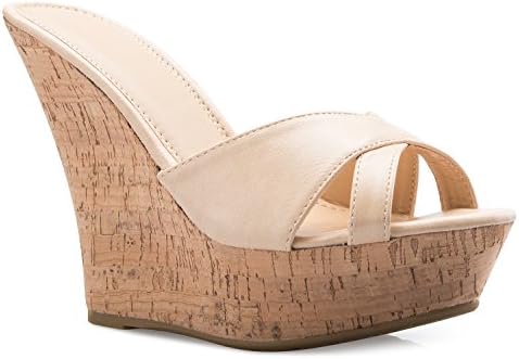 OLIVIA K Women's Open Toe High Wedge Platform Heel Wood Decoration Flip Flop Slipper Shoes Sandals