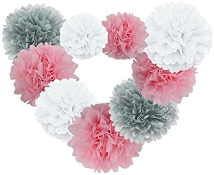 Hanzen 9 Pcs Mixed 6" 10" 14" White Light Pink Gray Tissue Paper Pom Poms Flower Balls For Birthday Wedding Party Baby Shower Outdoor Decorations